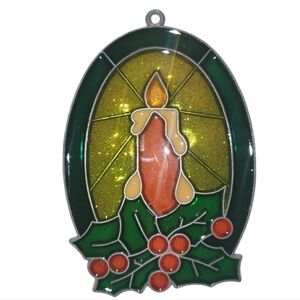 Vntg Handmade Stained Glass Holly Wreath & Candle Suncatcher Christmas Ornament